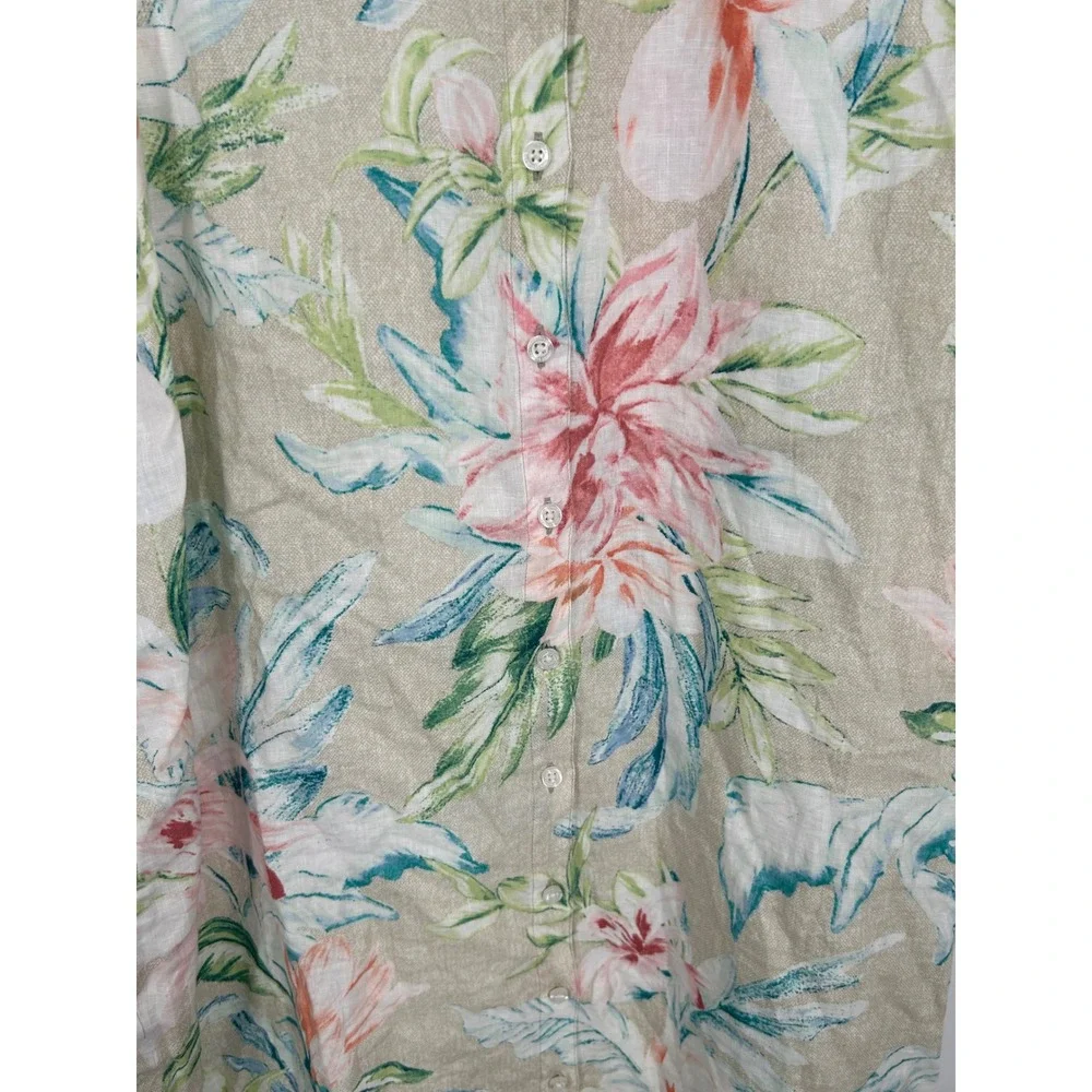 Tommy Bahama Womens XL Beige Floral 100% Linen Sleeveless Shirt Dress - CJ